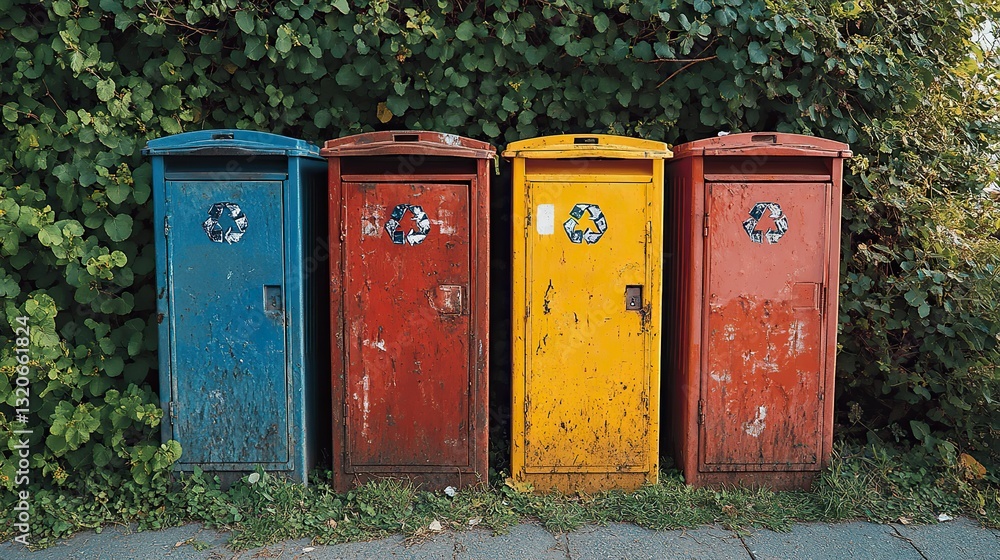 Four colorful recycling bins stand on a grassy area before a lush green hedge, promoting eco friendly waste management. Four colorful recycling bins stand on a grassy area before a lush green hedge, promoting eco friendly waste management.