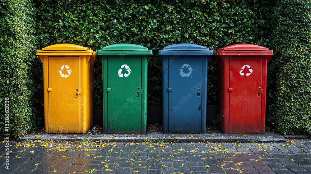 Four colorful recycling bins stand on a grassy area before a lush green hedge, promoting eco friendly waste management. Four colorful recycling bins stand on a grassy area before a lush green hedge, promoting eco friendly waste management.