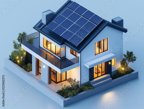 a 3d  design of the Modern Sustainable Home with Solar Panel Roof: Eco-Friendly Smart House, Renewable Energy, Photovoltaic Power System, and Contemporary Green Architecture for Energy Efficiency