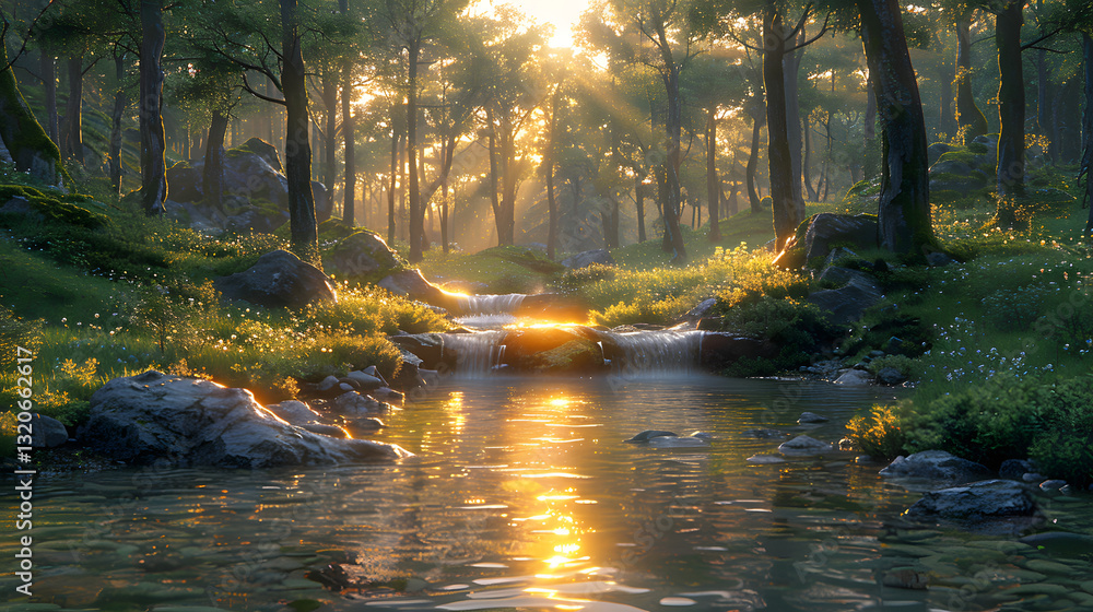Fototapeta premium Serene forest landscape with a flowing stream reflecting sunlight, surrounded by lush greenery and rocks