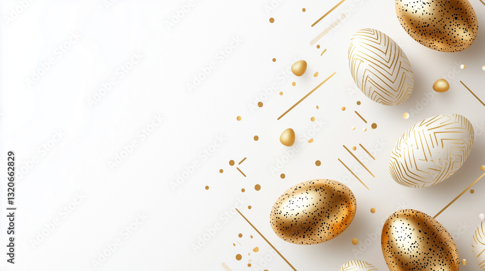 Fototapeta premium A minimalist flat lay Easter invitation template featuring golden eggs, modern typography, and geometric patterns, creating a stylish and elegant design for the holiday season. 