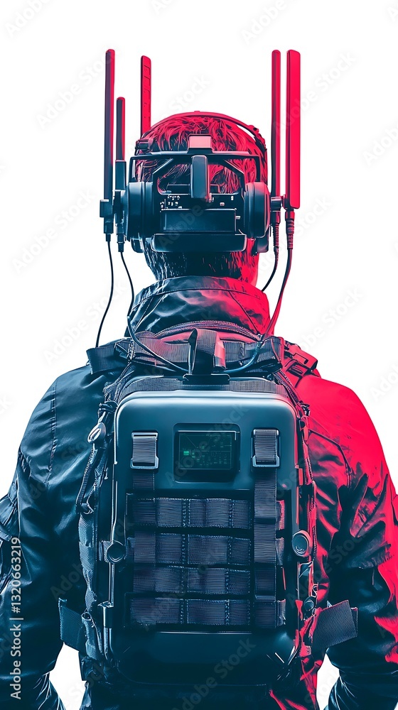 Fototapeta premium A figure wearing a high-tech headset and backpack, equipped with antennas, stands against a vibrant background, suggesting a futuristic or tech-driven scenario.