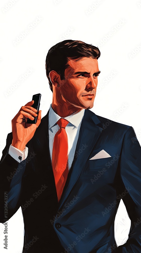 A stylish man in a suit holding a phone, exuding confidence and sophistication, with a focused expression.
