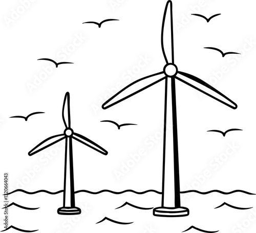 Wind turbines in a minimalist style with birds flying in the background.