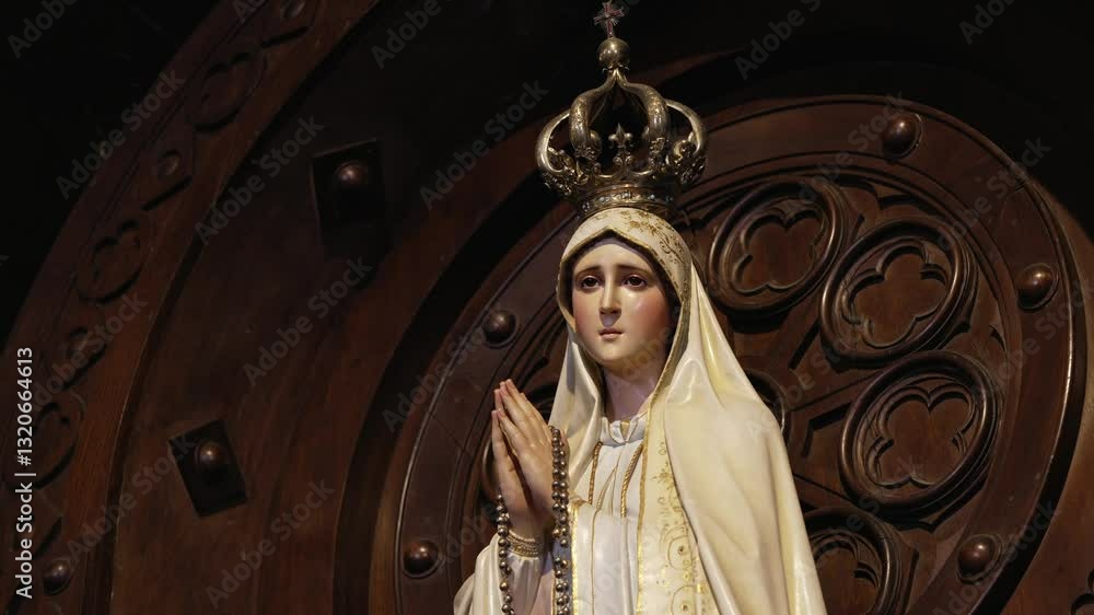 Statue of Virgin Mary with a crown, holding a rosary and in a prayerful ...