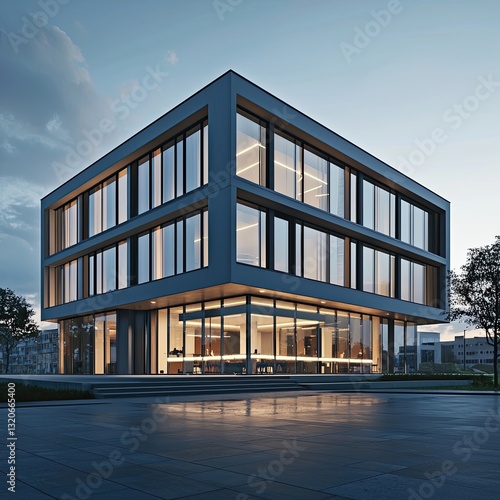 Futuristic office building with curved glass facades and LED lighting. Innovative architectural design emphasizing modern corporate aesthetics. Generative AI.