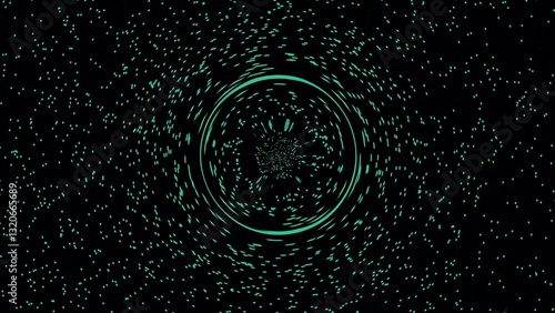 Stunning Cosmic Scene Featuring a Dark Black Hole Surrounded by a Brilliant Blue Accretion Disk and a Distant Planet Against a Starry Background