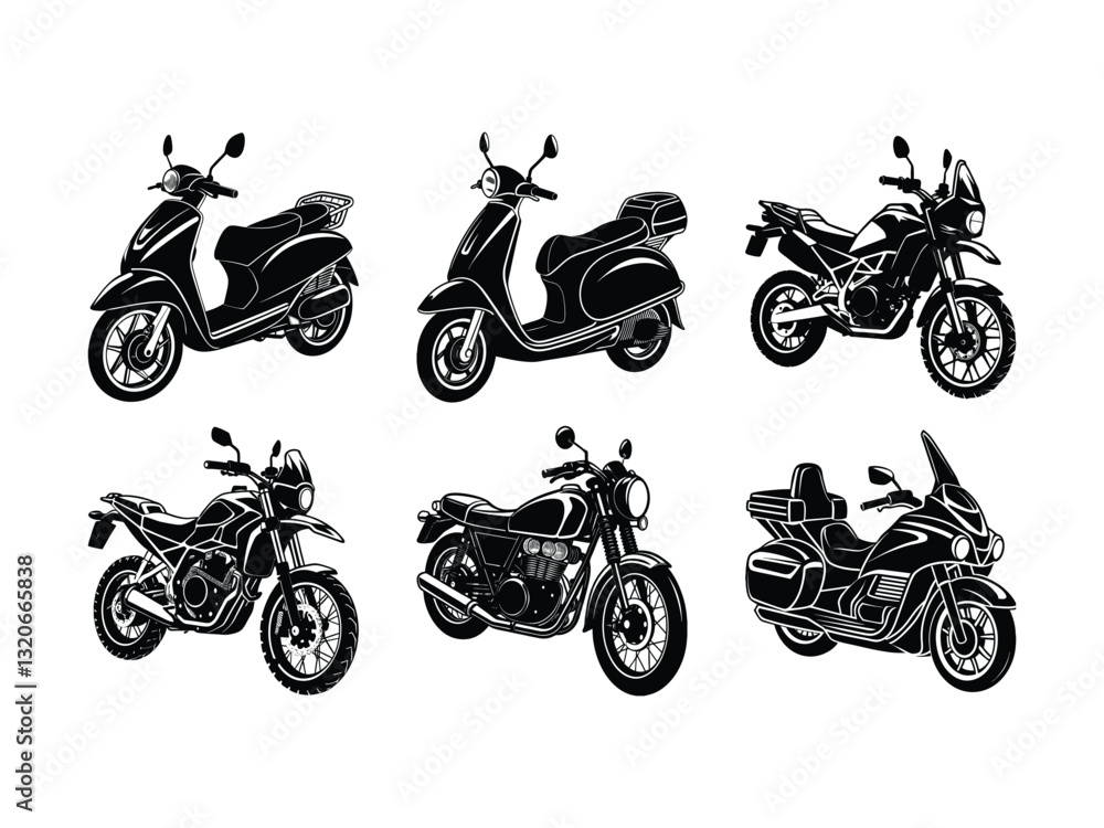 Obraz premium Different types of scooters and touring motorcycles silhouette isolated on white background