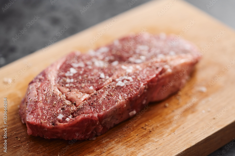 Raw ribeye steak spiced and ready to cook on oak board Raw ribeye steak spiced and ready to cook on oak board