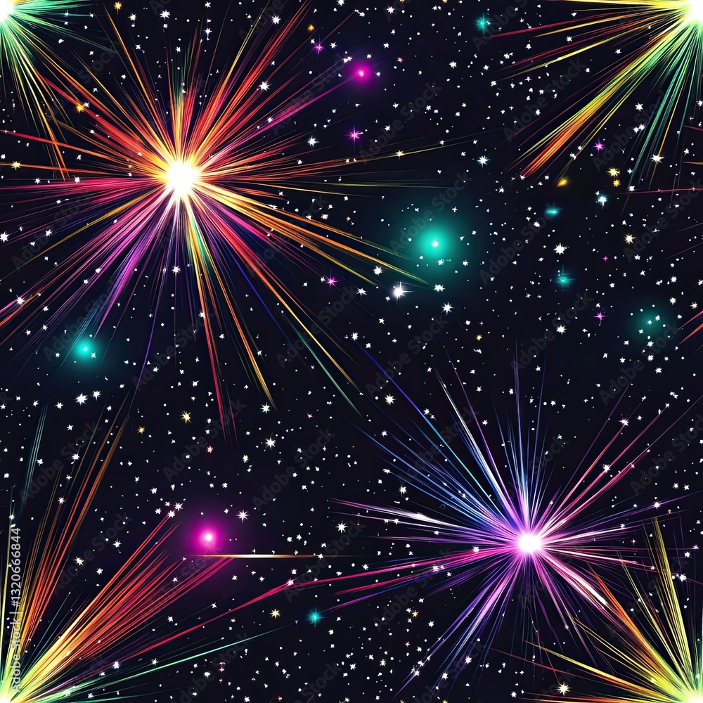 Cosmic Starburst Seamless Pattern Glowing Stars Colorful Galaxy Design Cosmic Starburst Seamless Pattern Glowing Stars Colorful Galaxy Design