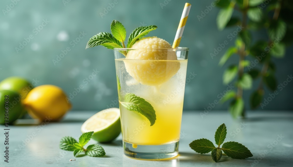 Fototapeta premium Refreshing Citrus Mint Drink with Sorbet Ball