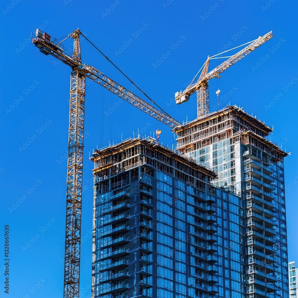 Modern skyscrapers under construction near the coastline, with cranes towering over the city. Large urban development project. Generative AI. Modern skyscrapers under construction near the coastline, with cranes towering over the city. Large urban development project. Generative AI.