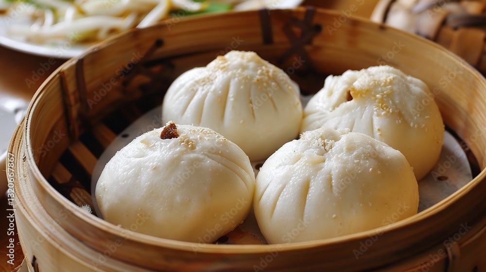 A close-up view of delicious baozi is shown. The baozi, with their soft and fluffy dough skins, come in various fillings, such as savory minced meat, flavorful vegetables, or a combination of both. A close-up view of delicious baozi is shown. The baozi, with their soft and fluffy dough skins, come in various fillings, such as savory minced meat, flavorful vegetables, or a combination of both.