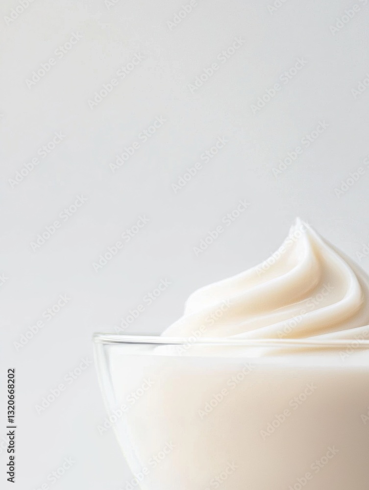 Close-up of a glass bowl filled with a creamy white substance. the substance appears to be whipped cream or mayonnaise, with a smooth and smooth texture. Close-up of a glass bowl filled with a creamy white substance. the substance appears to be whipped cream or mayonnaise, with a smooth and smooth texture.