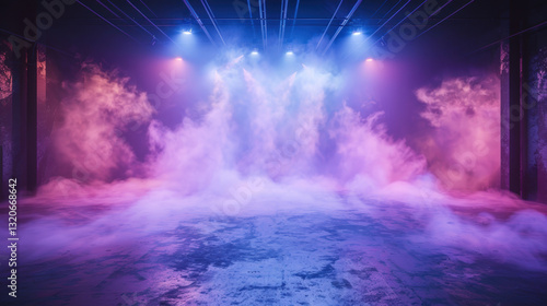 Vibrant neon lights illuminate smoky industrial interior with atmospheric ambiance