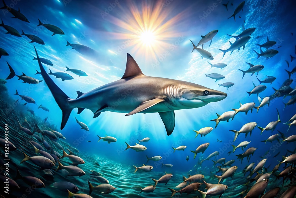 Obraz premium Aerial View: Shark Swimming in Ocean with Baitfish