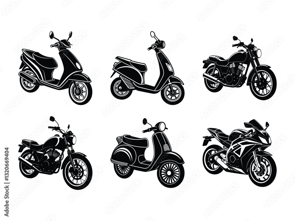 Obraz premium Set of scooters and motorcycles silhouette isolated on white background