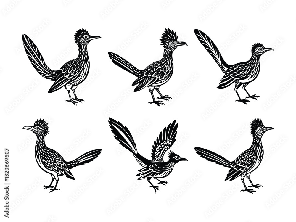 Set of stylized roadrunner bird poses silhouette isolated on white background Set of stylized roadrunner bird poses silhouette isolated on white background