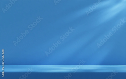 Blue studio room wall, illuminated by sunlight through foliage with tabletop. Product presentation template.
