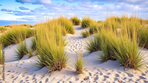 Fototapeta Naklejka Na Ścianę i Meble -  Vibrant Beach Grasses on Serene Sand Dunes A Coastal Harmony of Color and Nature