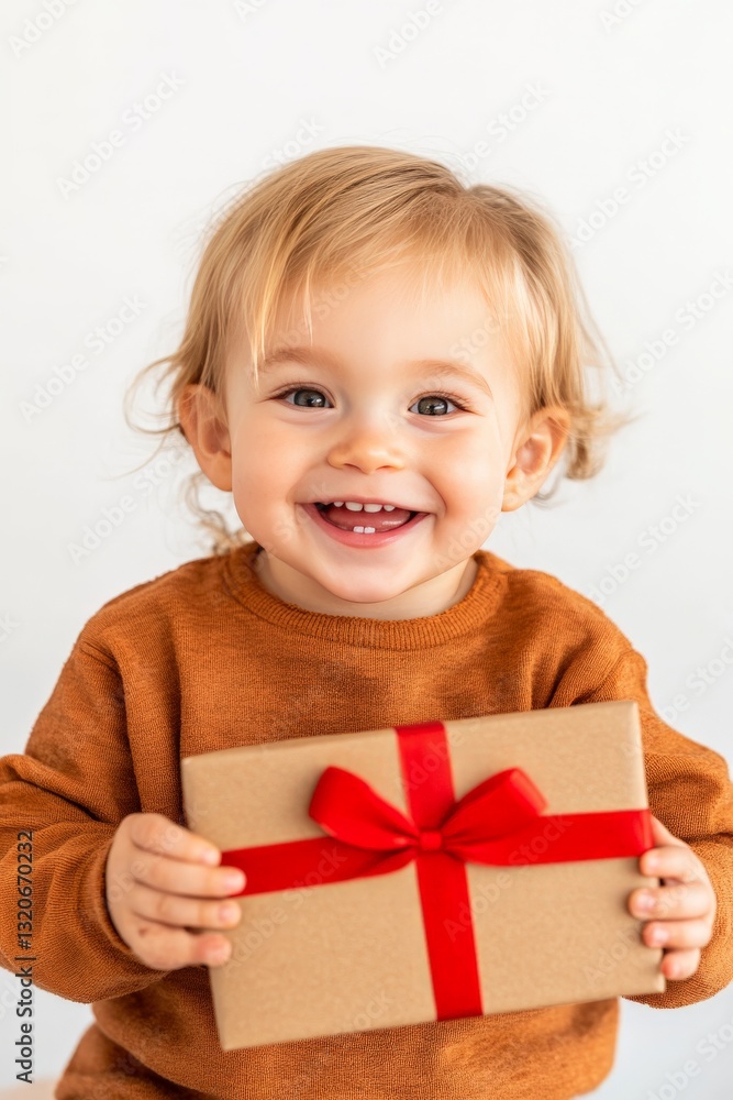 Cute little girl in a brown sweater holding a small red gift box while smiling brightly in a cozy indoor home setting Cute little girl in a brown sweater holding a small red gift box while smiling brightly in a cozy indoor home setting