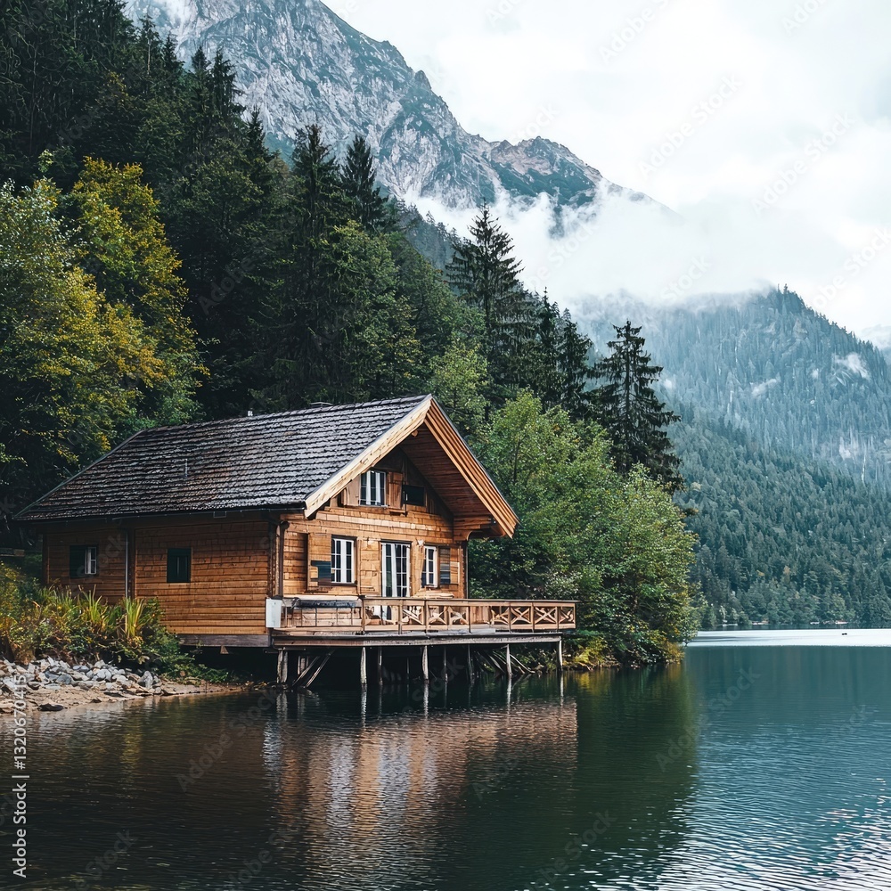 Fototapeta premium Luxury wooden cabin with a spacious deck overlooking a scenic lake and mountains. Peaceful nature retreat. Generative AI.