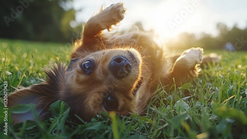 National pet day with playful and love idea. Happy dog rolling in grass under sunlight.