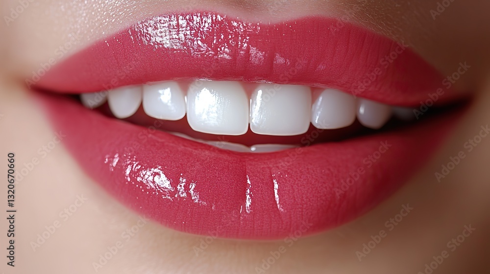 Obraz premium Glossy pink lips, slightly parted, reveal perfectly white teeth, suggesting beauty, health, happiness, and well being.