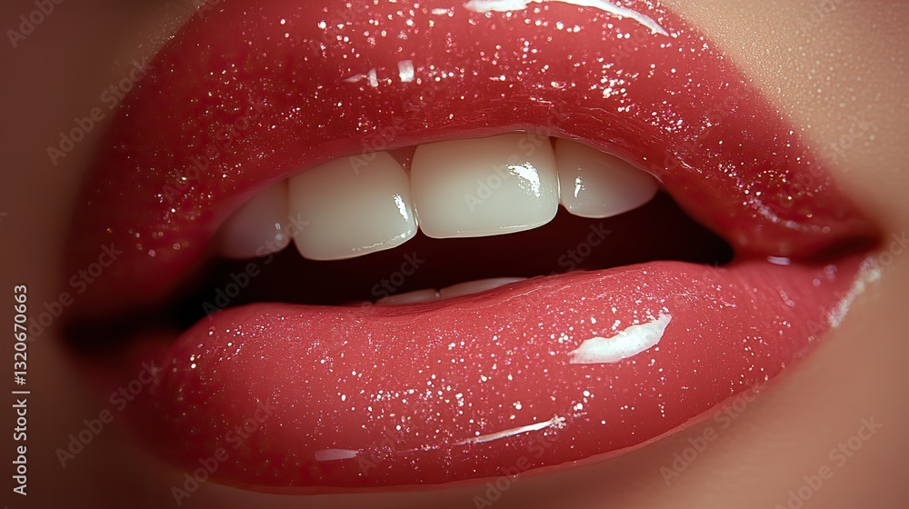 Obraz premium Glossy pink lips, slightly parted, reveal perfectly white teeth, suggesting beauty, health, happiness, and well being.
