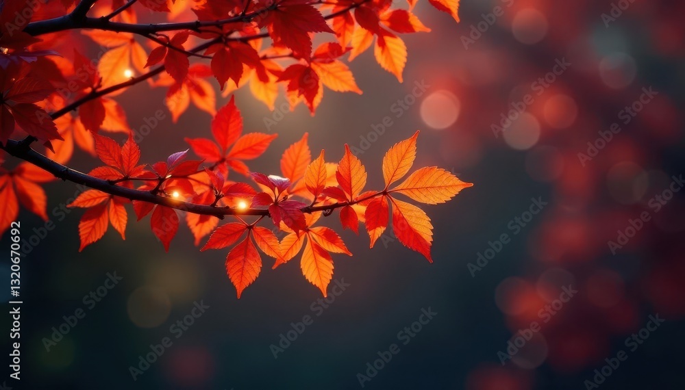 Amber string lights illuminate vibrant red and orange foliage nestled within intricate branches , design, orange