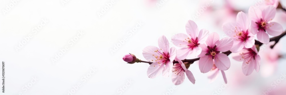 Fototapeta premium Delicate pink spring blossoms, angled branch isolated against white Perfect floral backdrop , spring, light
