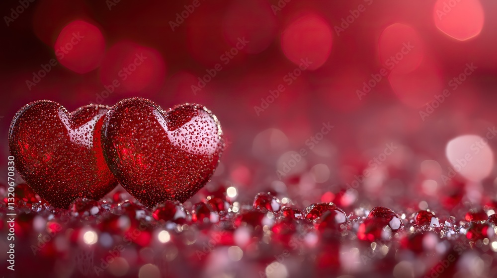 Fototapeta premium Glossy red hearts on a vibrant red background create a romantic Valentine's Day scene, perfect for greeting cards or romantic projects, symbolizing love and affection.