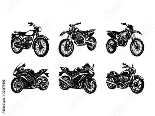 Vintage and off-road motorcycles collection silhouette isolated on white background