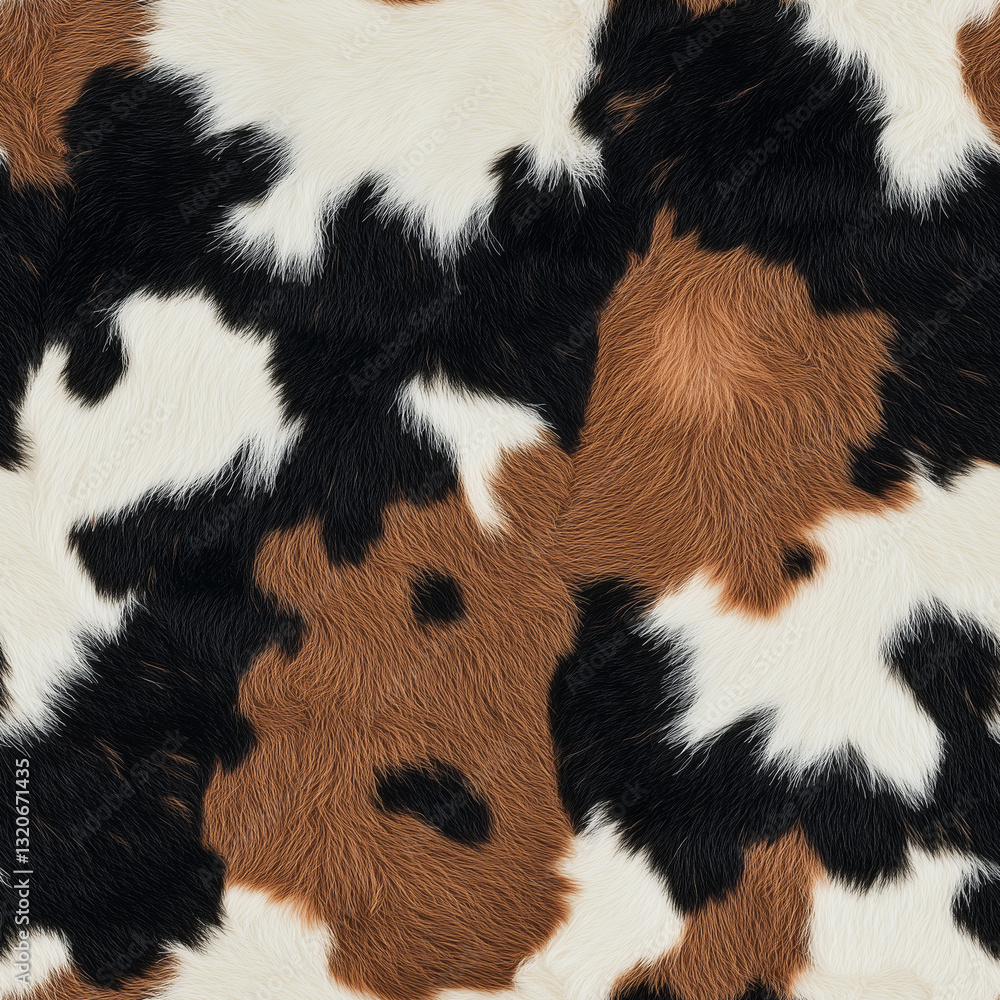 Seamless Detailed Close-Up of a Cowhide Pattern Showcasing Natural Textures in Black, White, and Brown Hues Commonly Found in Cattle Breeds.