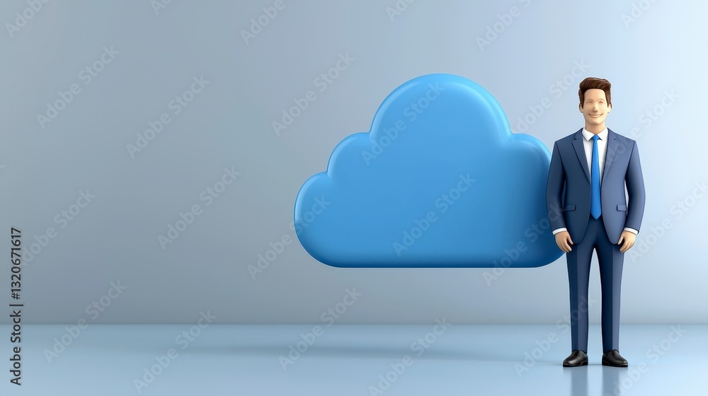 3D Businessman Standing Before Light Blue Cloud 3D Businessman Standing Before Light Blue Cloud