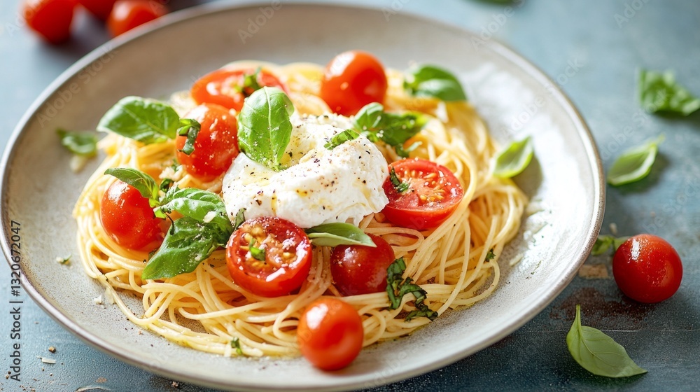 A vibrant plate of spaghetti features luscious burrata cheese and juicy cherry tomatoes A vibrant plate of spaghetti features luscious burrata cheese and juicy cherry tomatoes
