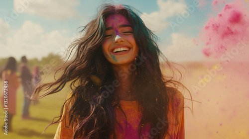 Joyful Young Indian Woman Celebrating Holi Festival with Vibrant Color Powder Explosion photo