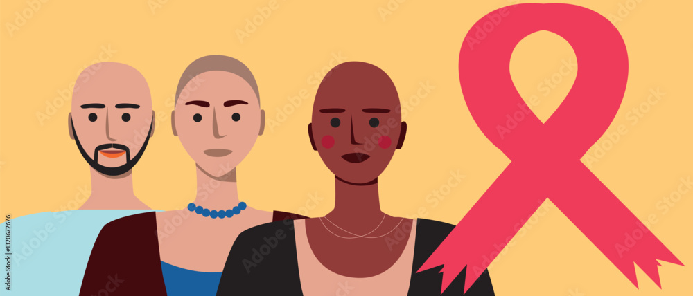 Cancer patients silhouettes and cancer ribbon, silhouette vector stock illustration with unidentifiable people together as a template with space for text or copy space Cancer patients silhouettes and cancer ribbon, silhouette vector stock illustration with unidentifiable people together as a template with space for text or copy space