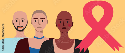 Cancer patients silhouettes and cancer ribbon, silhouette vector stock illustration with unidentifiable people together as a template with space for text or copy space