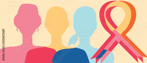 Cancer patients silhouettes and cancer ribbon, silhouette vector stock illustration with unidentifiable people together as a template with space for text or copy space