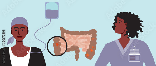 Oncologist and cancer patient, flat vector stock illustration with doctor and colon cancer