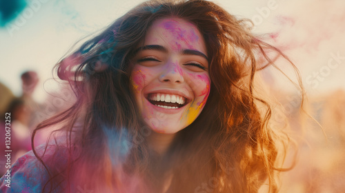 Joyful Young Indian Woman Celebrating Holi Festival with Vibrant Color Powder Explosion photo