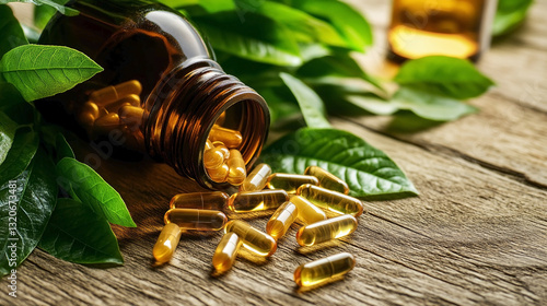 Natural food supplements in capsules on wooden background,  surrounded by green leaves. Vitamins.  Health concept. 