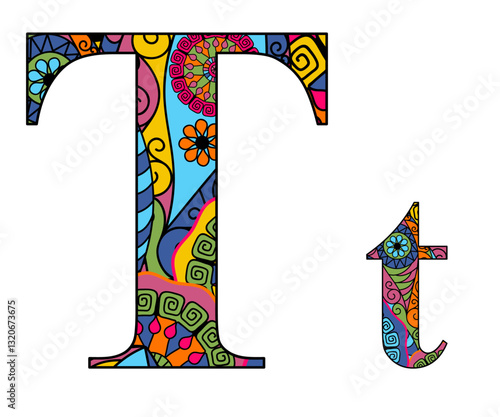 Vector image letter of the English alphabet with colorful vintage hand drawn pattern isolated on transparent background