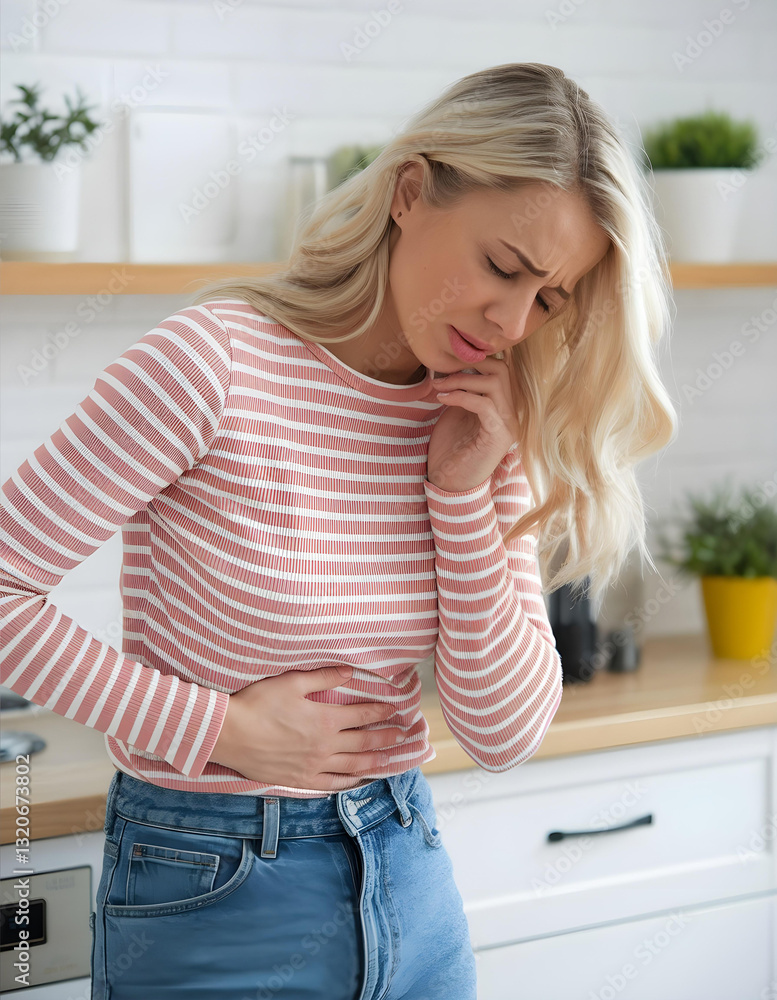 Young woman suffering from severe abdominal pain at home