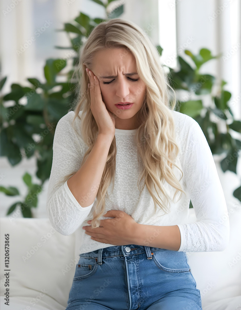 Young woman suffering from severe abdominal pain at home