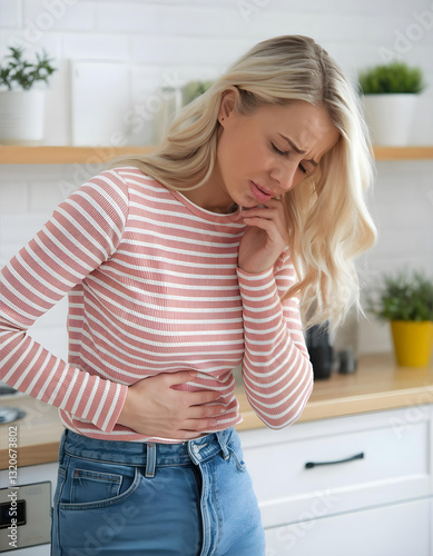 Obraz na płótnie Young woman suffering from severe abdominal pain at home w salonie