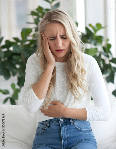 Obraz na płótnie Young woman suffering from severe abdominal pain at home w salonie