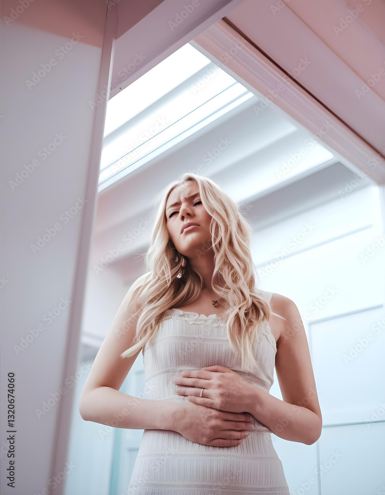 Young woman suffering from severe abdominal pain at home