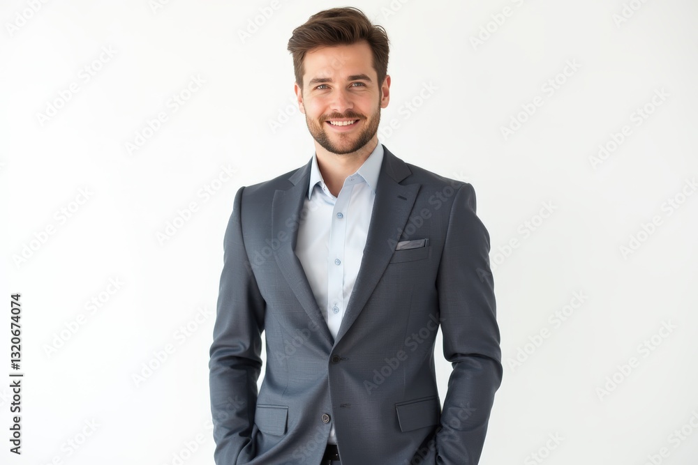 Half-Length (Waist-Up) portrait of young stylish smiling Hungarian male model in business wear isolated on pure white background looking at camera Half-Length (Waist-Up) portrait of young stylish smiling Hungarian male model in business wear isolated on pure white background looking at camera